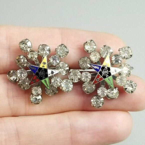 Vintage Order of the Eastern Star Rhinestone Screw Back Earrings Masonic Jewelry - Picture 1 of 8